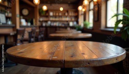 Wooden round table in rustic pub with blurred background,  socializing,  brown