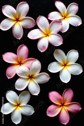 White and pink frangipani flowers, local flora of Asia, arranged in a flat lay postcard style on a black background in the spring season,  flora,  spring