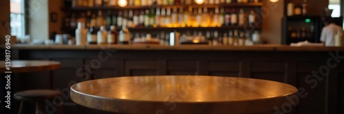 Wooden round table set in a cozy pub with a blurred bar background,  beverage,  furniture