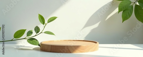 Wooden round tray podium with green tree twig on white glossy table in sunlight, casting leaf shadow on wall, perfect for luxury beauty, cosmetic, jewelry product display,  green tree twig,  podium
