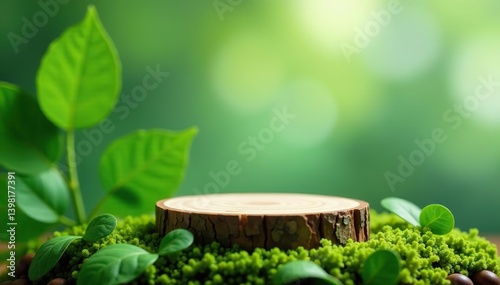 Wooden slice podium with green leaves on moss background for eco beauty product promotion showcase,  slice,  natural