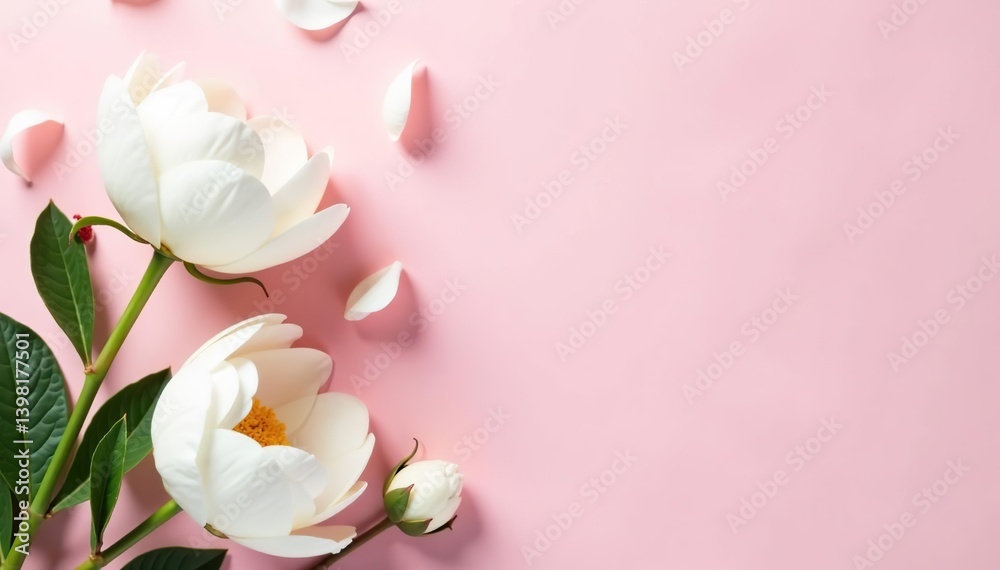 White peony flowers and petals floating on light pink pastel background with copy space, creative floral layout for spring backdrop, copy space, layout White peony flowers and petals floating on light pink pastel background with copy space, creative floral layout for spring backdrop, copy space, layout