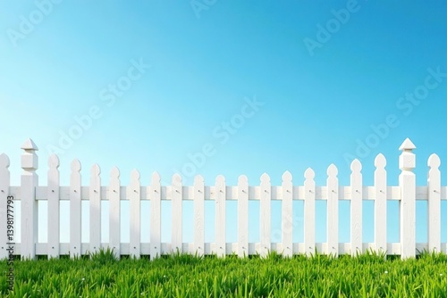 White picket fence set against a clear blue sky, creating a classic Americana feel,  traditional,  nostalgia