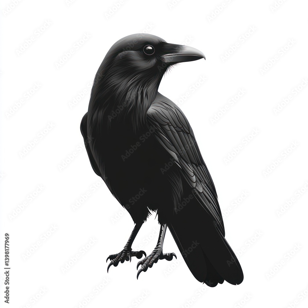 Fototapeta premium Majestic crow, profile view, white background, isolated, graphic design