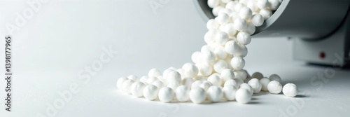 White polystyrene foam beads falling from Styrofoam machine onto plastic background for packaging and decoration,  plastic,  texture