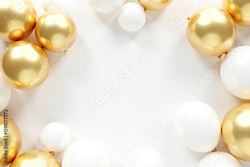 White background with gold and white balloons scattered, creating a festive atmosphere,  festive,  decorations