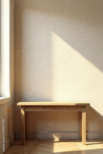 Wooden table mockup with stucco background, window shadow, beige color tones,  table,  wall