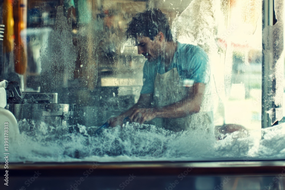Fototapeta premium Young Man Washing Dishes in Restaurant with Water Splashing