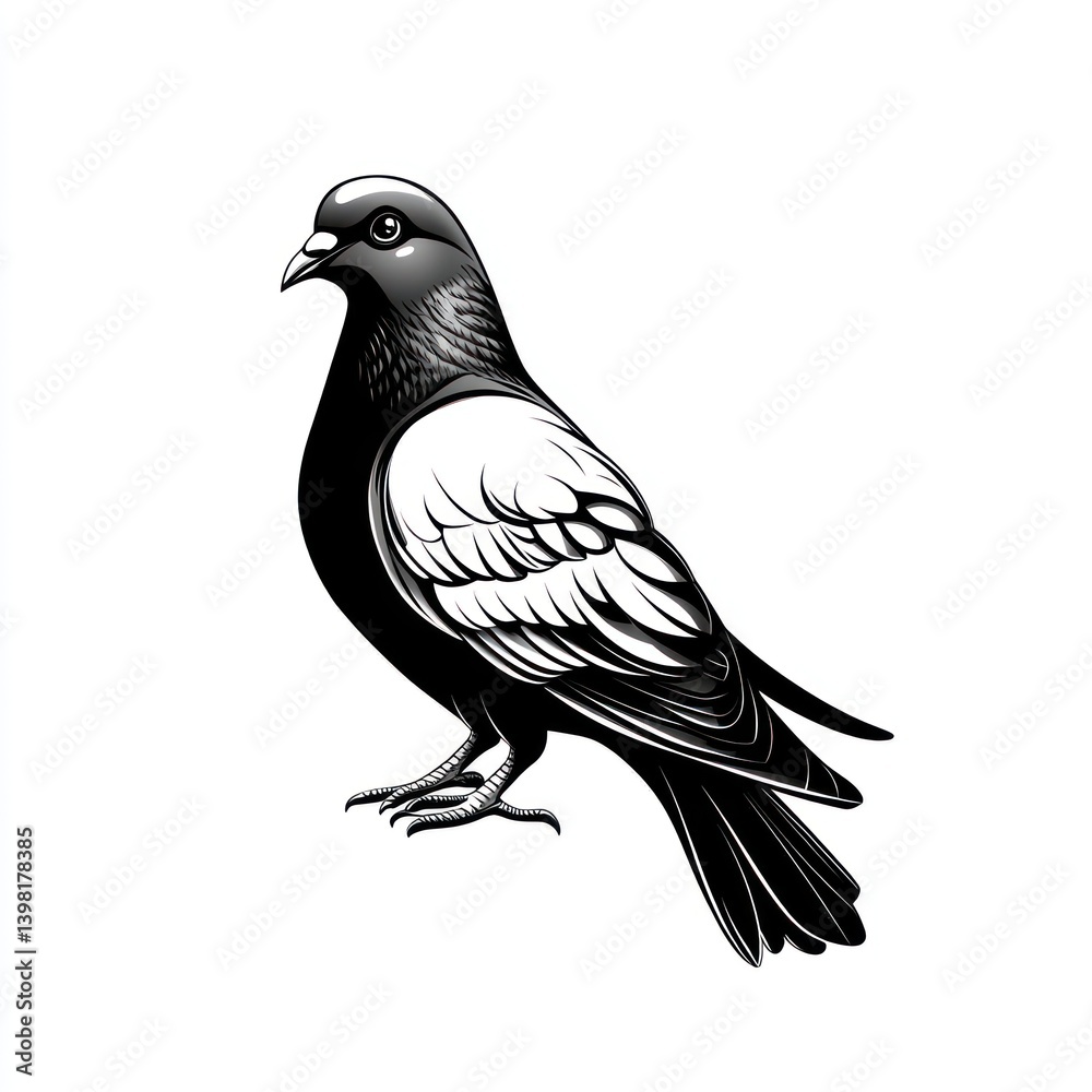 Fototapeta premium Monochrome pigeon illustration, isolated, white background, graphic design element