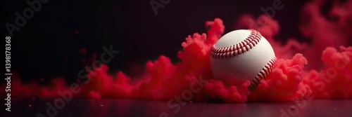 White baseball ball surrounded by vibrant red smoke from a vape device on a dark isolated backdrop, baseball,  colorful
