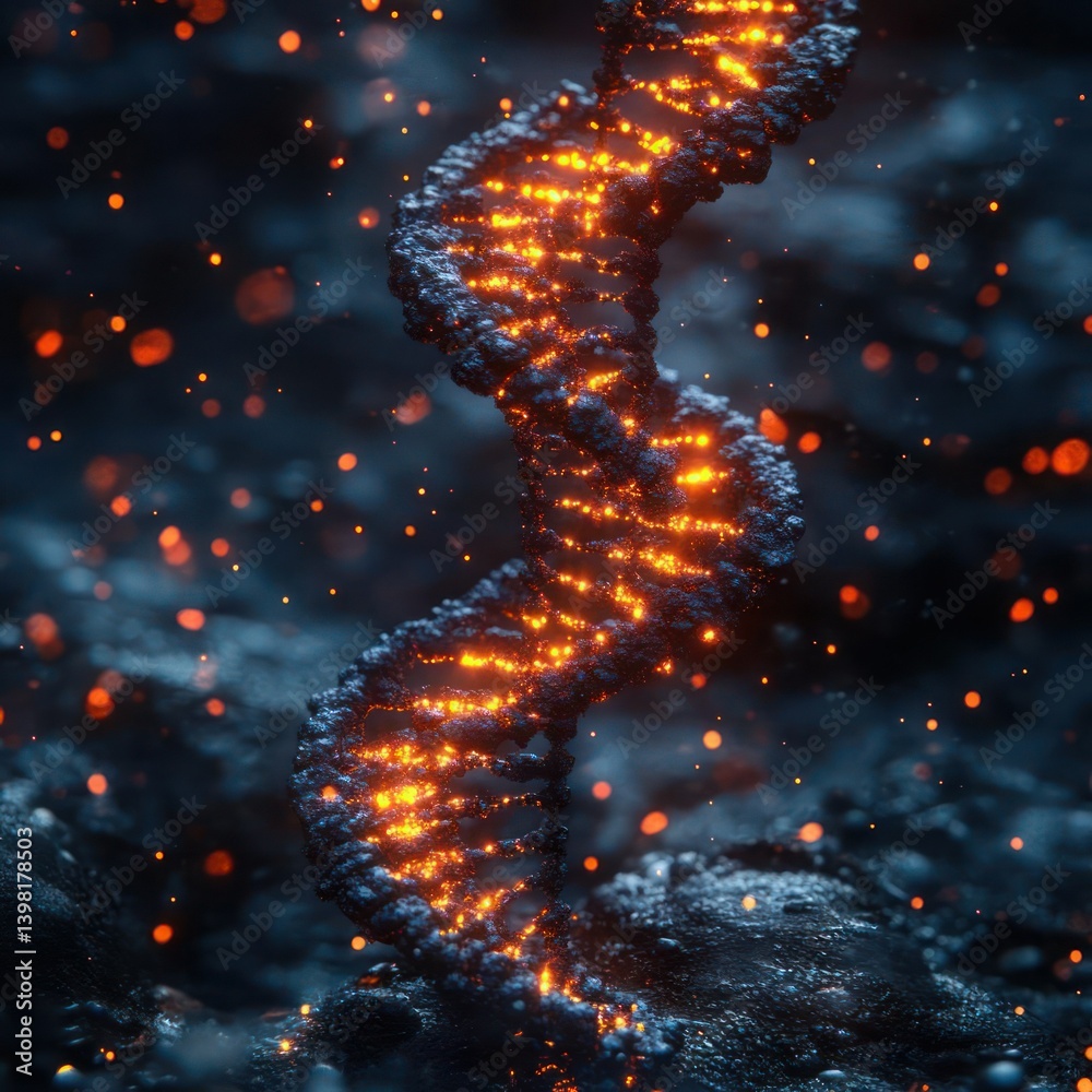 Fiery DNA helix amidst ash and sparks Fiery DNA helix amidst ash and sparks