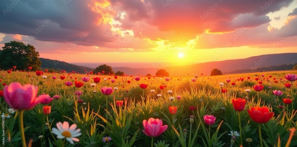 Vivid summer sunrise over a blooming meadow panorama, lush, landscape Vivid summer sunrise over a blooming meadow panorama, lush, landscape