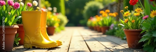 Yellow rubber boots, gardening tools, and flower pots arranged neatly on a wooden pathway in a sunlit spring garden,  gardening,  sunny