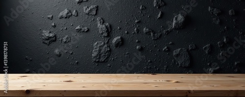 Wooden table with black stone wall background, minimalist design,  contemporary, wood