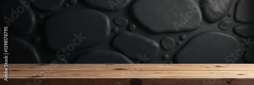 Wooden table with black stone wall background, perfect for interior design projects or food photography,  minimalist,  modern