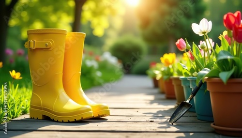 Yellow rubber boots, gardening tools, flower pots on wooden pathway in sunny spring garden,  wooden pathway,  floral