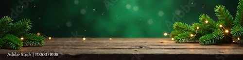 Wooden table with dark green background, golden lights, Christmas tree branches for product display, blurred snowflakes falling, wooden table,  festive