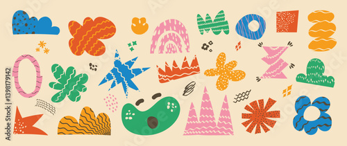 Pop art Abstract background design vector. Wallpaper contemporary figure, leaf, flower, sparkle, geometric shape in funky groovy. Cute hippie design element perfect for banner, print, stickers.
