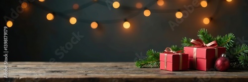 Wooden table with festive Christmas product display and hanging fairy lights on dark background,  festive,  Christmas