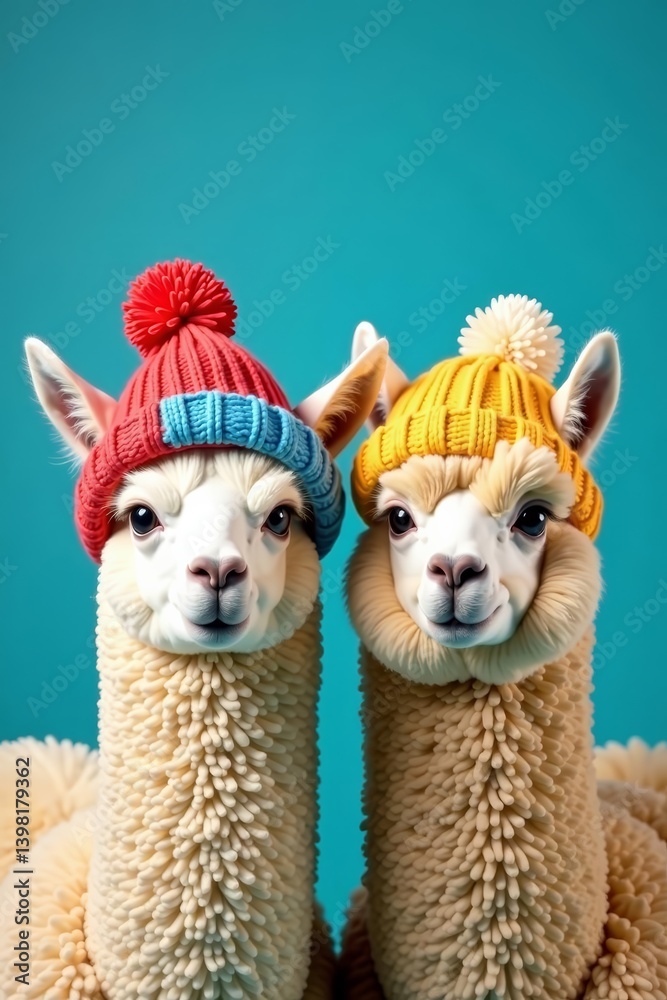 Obraz premium Two alpacas in cozy winter hats on blue background, alpaca, blue background, winter