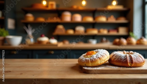 Wooden table with pastries on display in a cozy bakery shop, with a blurred background of shelves filled with baked goods,  vintage,  shelves