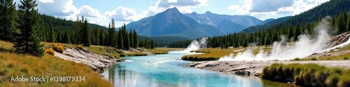 Yellowstone National Park landscape featuring majestic mountains, tranquil waterfalls, and breathtaking vistas,  outdoors,  wildlife