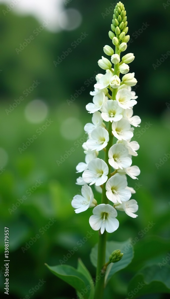 Fototapeta premium White snapdragon flowers blooming on tall spikes, garden, tall