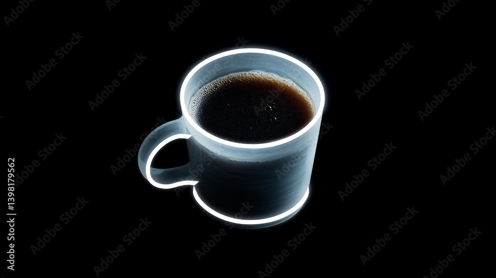 A glowing coffee mug filled with dark liquid on a black background with a white outline effect A glowing coffee mug filled with dark liquid on a black background with a white outline effect
