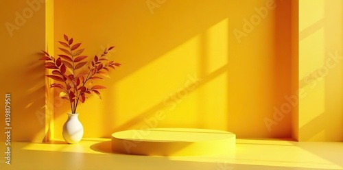 Yellow studio room with autumn-inspired decor, abstract shadows on walls and floors, minimal cosmetic presentation podium on yellow-orange cement backdrop stage,  studio, Summer