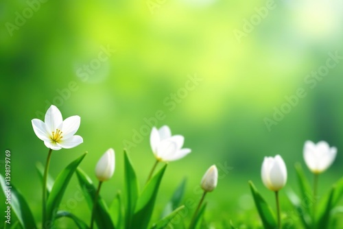 White spring flowers, such as cherry blossoms and tulips, blooming against a vibrant green backdrop,  fresh,  tulips