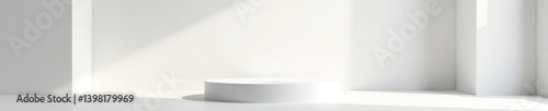 White studio room with light casting shadows on a 3d podium stand display for spring product design, perfect for winter and Christmas backdrops,  light,  winter