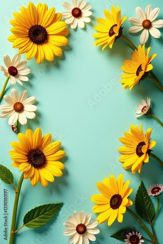 Yellow sunflowers and cosmos beautifully arranged in a flat lay postcard style,  vibrant,  sunflowers