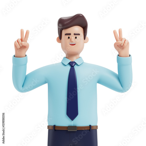 Man making peace signs, symbolizing harmony, positivity, or victory. 3D rendering, conceptual image. Isolated on white background.