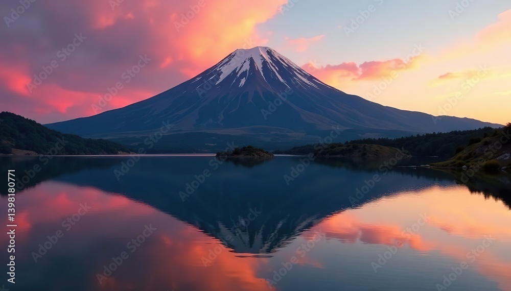 Volcanic mountain reflecting in calm lake at sunrise, dawn, nature Volcanic mountain reflecting in calm lake at sunrise, dawn, nature