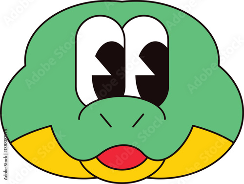 Smiling snake, symbol of Chinese New Year, with mouth slightly open in surprise. New Year velcro for sticker pack or gift card in old style of 2000. Cartoon Y2K retro sticker on white background