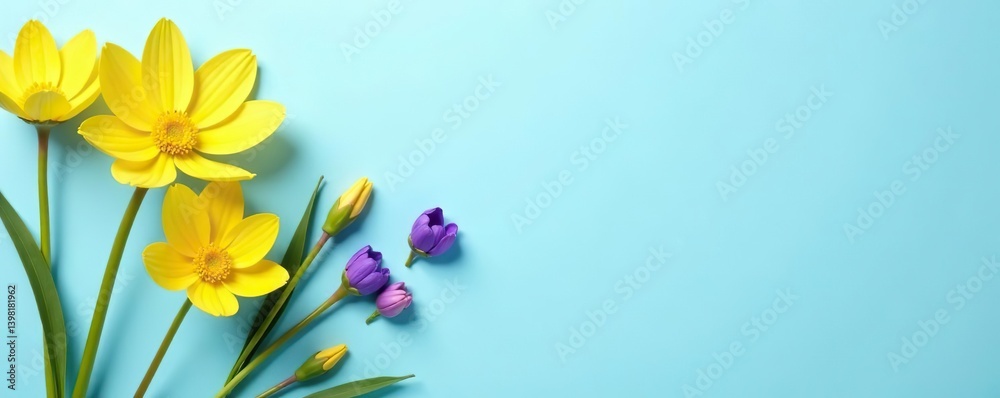 Obraz premium Yellow and purple flowers on pastel blue background, Spring concept, Vibrant, Fresh