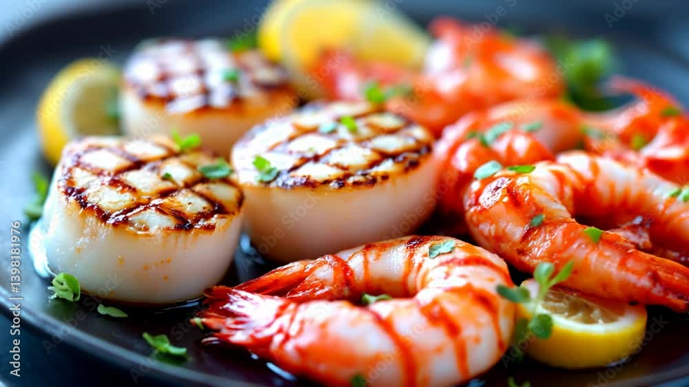 Extreme close-up of perfectly grilled scallops and succulent shrimp, detailed grill marks visible, garnished with microgreens. Use for culinary detail shots or recipe tutorials. Fresh focus. 4k 60 fps