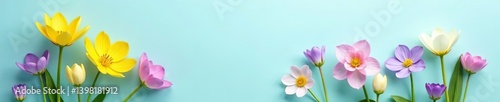 Yellow and purple flowers contrast beautifully against a serene pastel blue backdrop, embodying the essence of spring,  yellow,  beauty