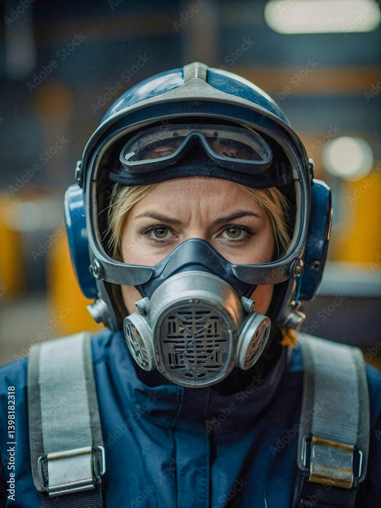 Female worker in protective gear, focused in an industrial setting. Female worker in protective gear, focused in an industrial setting.