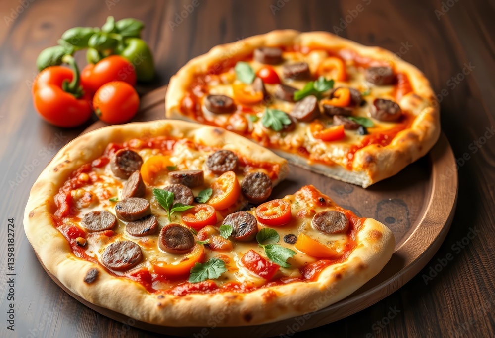 Two delicious sausage and pepper pizzas, ready to eat, party food, oregano Two delicious sausage and pepper pizzas, ready to eat, party food, oregano
