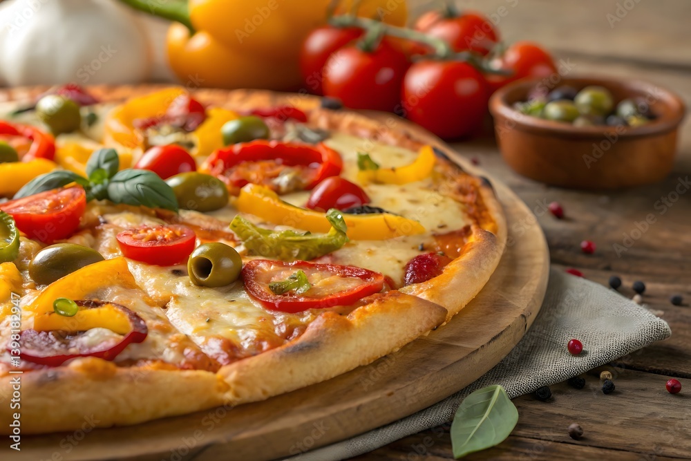 Fresh Homemade Vegetarian Pizza with Cheese, Olives and Bell Peppers on Wooden Plate Fresh Homemade Vegetarian Pizza with Cheese, Olives and Bell Peppers on Wooden Plate
