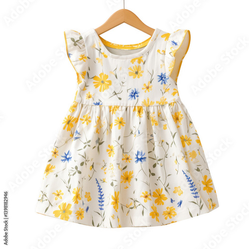 Charming yellow floral dress for children front view on fashion mockup studio setting