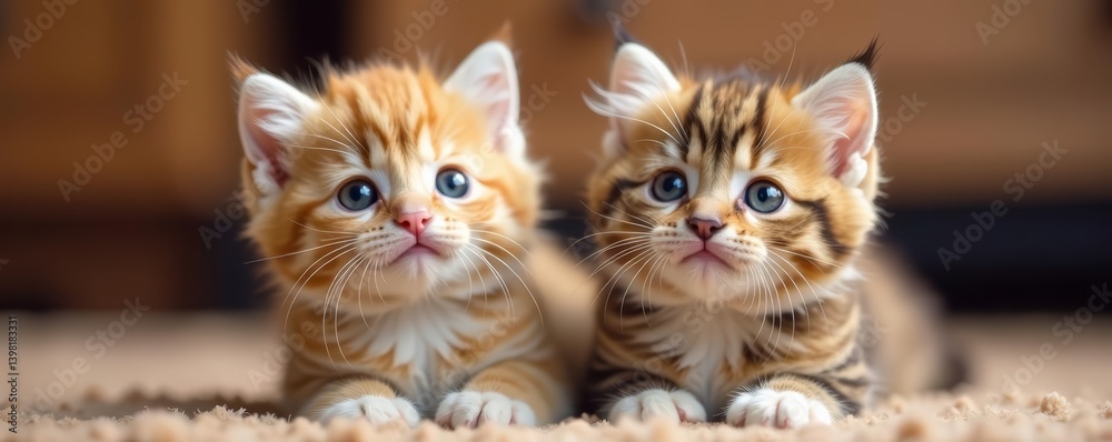 Fototapeta premium Two fluffy British kittens with wide eyes gazing up curiously, cute, isolated, kittens