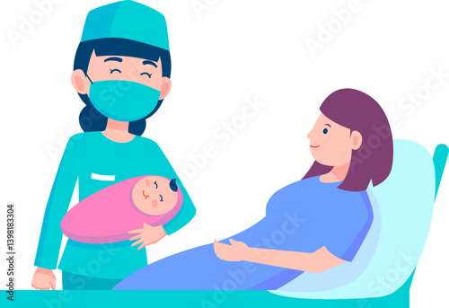 New mother holding her newborn baby in a hospital bed with a nurse.