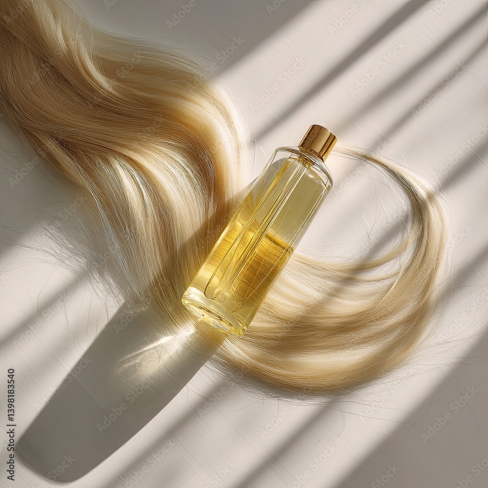 Naklejka premium Elegant hair oil and smooth hair product for hair care, featuring hair care ingredients and hair care packaging for silky results 