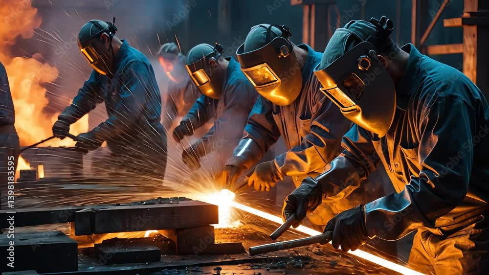 Industrial Workers in Protective Gear Using Welding Torches Inside a Hot and Active Metal Foundry Manufacturing Facility
Industrial Workers in Protective Gear Using Welding Torches Inside a Hot and Active Metal Foundry Manufacturing Facility