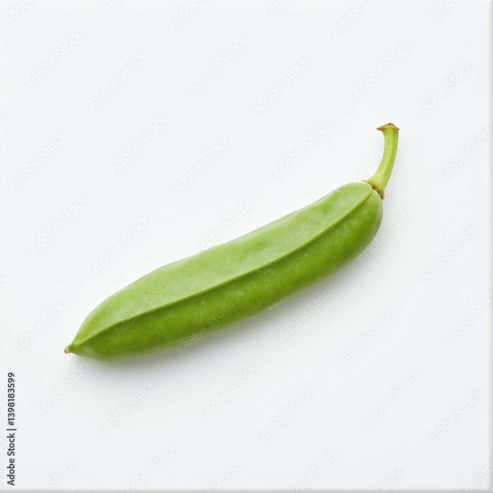 A Singular Green Pod: Isolated Still Life of a Freshly Picked Specimen Against a Plain White Backdrop. A Singular Green Pod: Isolated Still Life of a Freshly Picked Specimen Against a Plain White Backdrop.