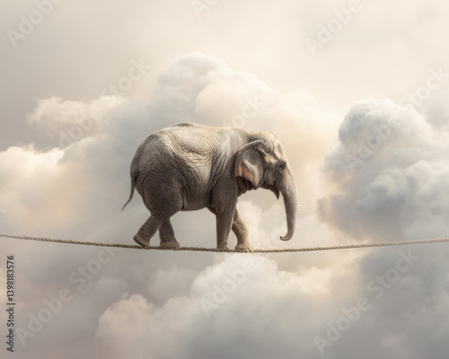 An elephant skillfully traverses a thin rope high above, surrounded by soft, billowing clouds in a surreal atmosphere
