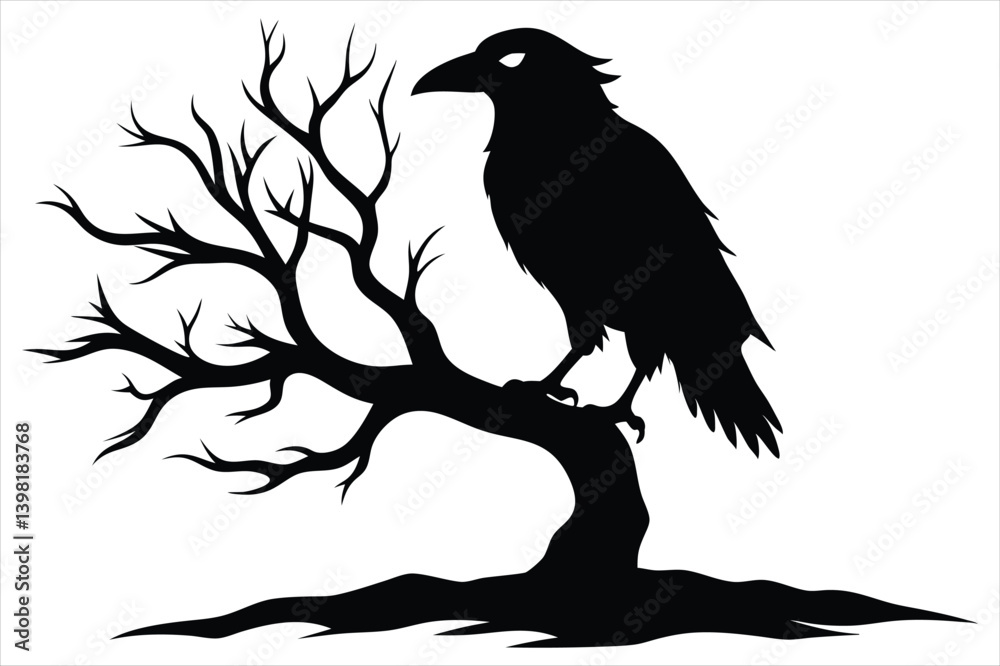 Fototapeta premium Raven bird silhouette on a dead tree branch