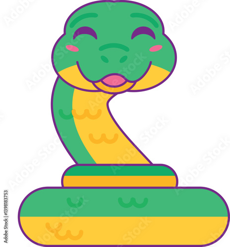 Good natured smiling snake coiled into rings in good mood. Symbol of 2025 Chinese calendar year. Cartoon vector illustration on white background